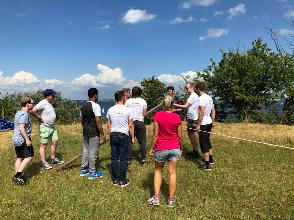 A group solving a team-building exercise on a meadow by the Öresund strait on Hven